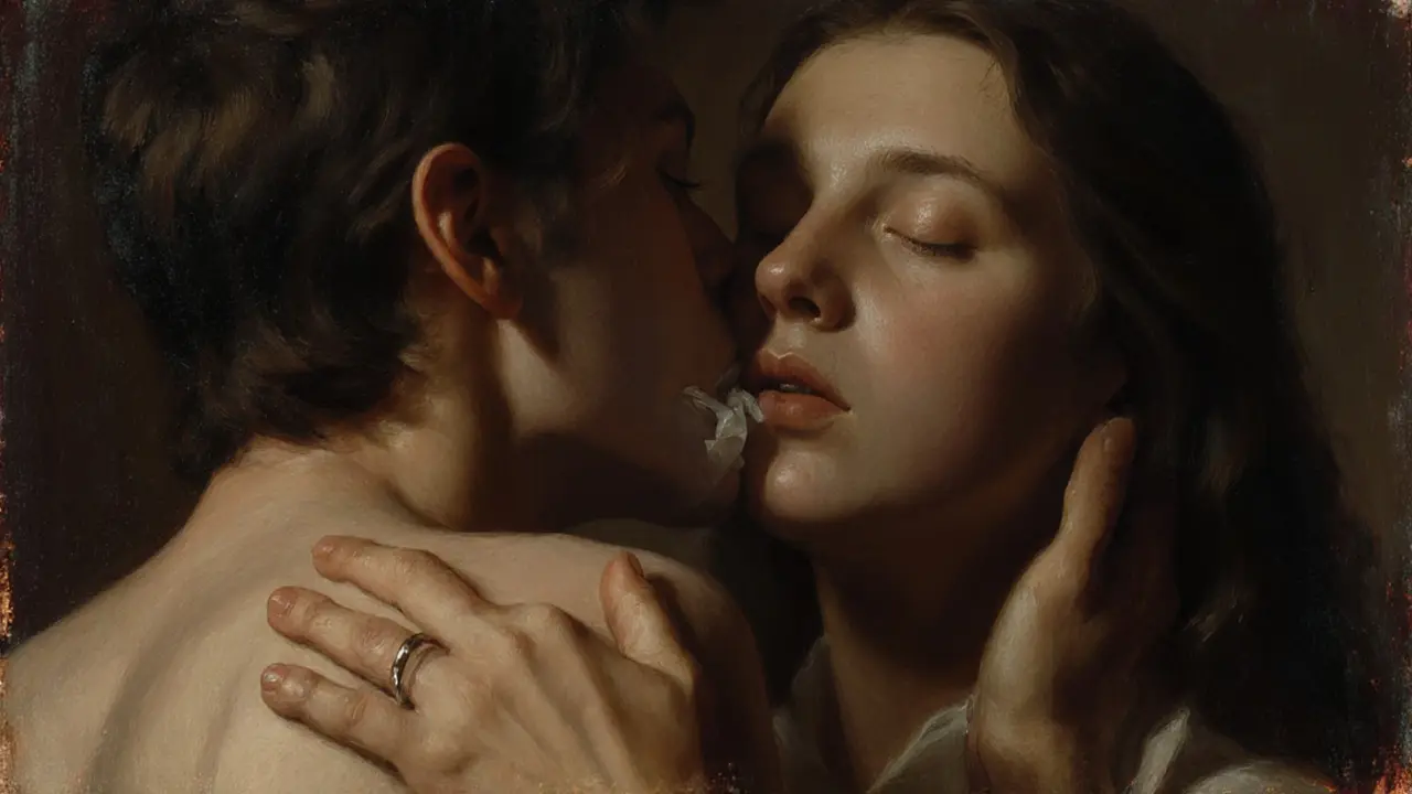 A gentle kiss with one hand on the lower back and the other on the cheek, candlelight glowing softly.