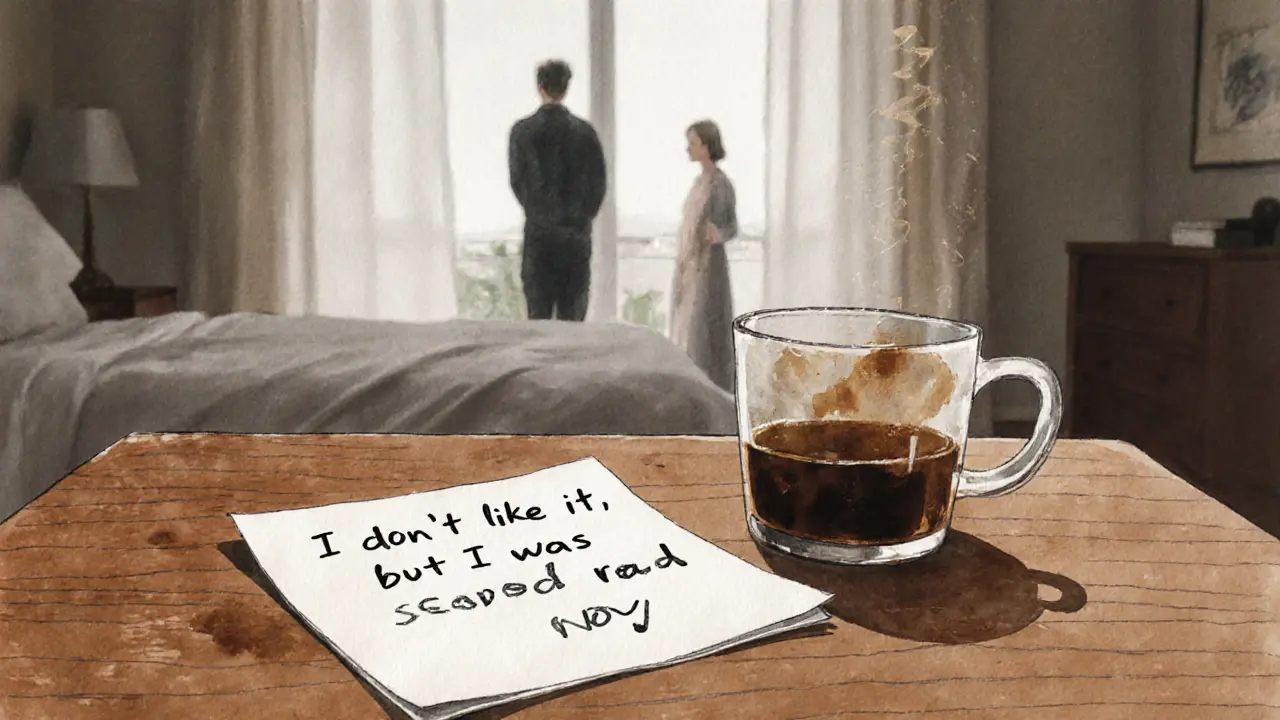 A handwritten note on a table with a blurred reflection in a mirror, conveying unspoken vulnerability.