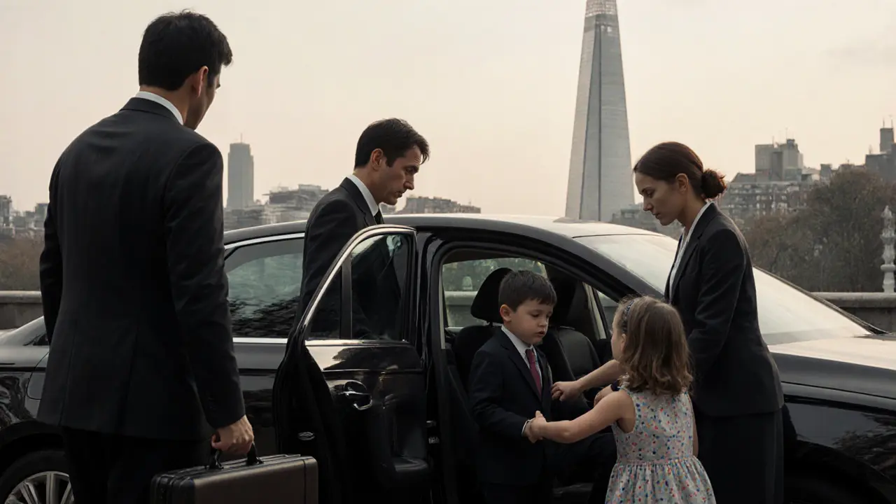 A Heathrow escort assists a business traveler and a nanny with children in London at dawn, car immaculate.