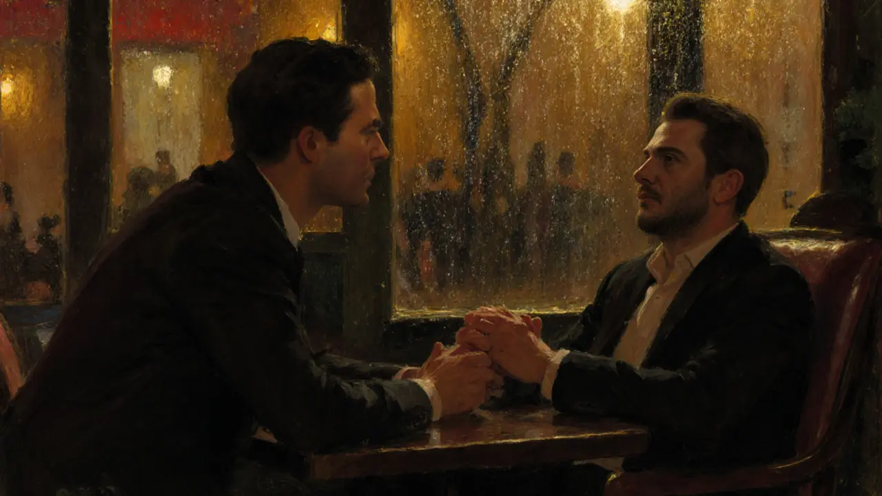 A man and male escort talking warmly in a rainy London café, engaged in quiet conversation.