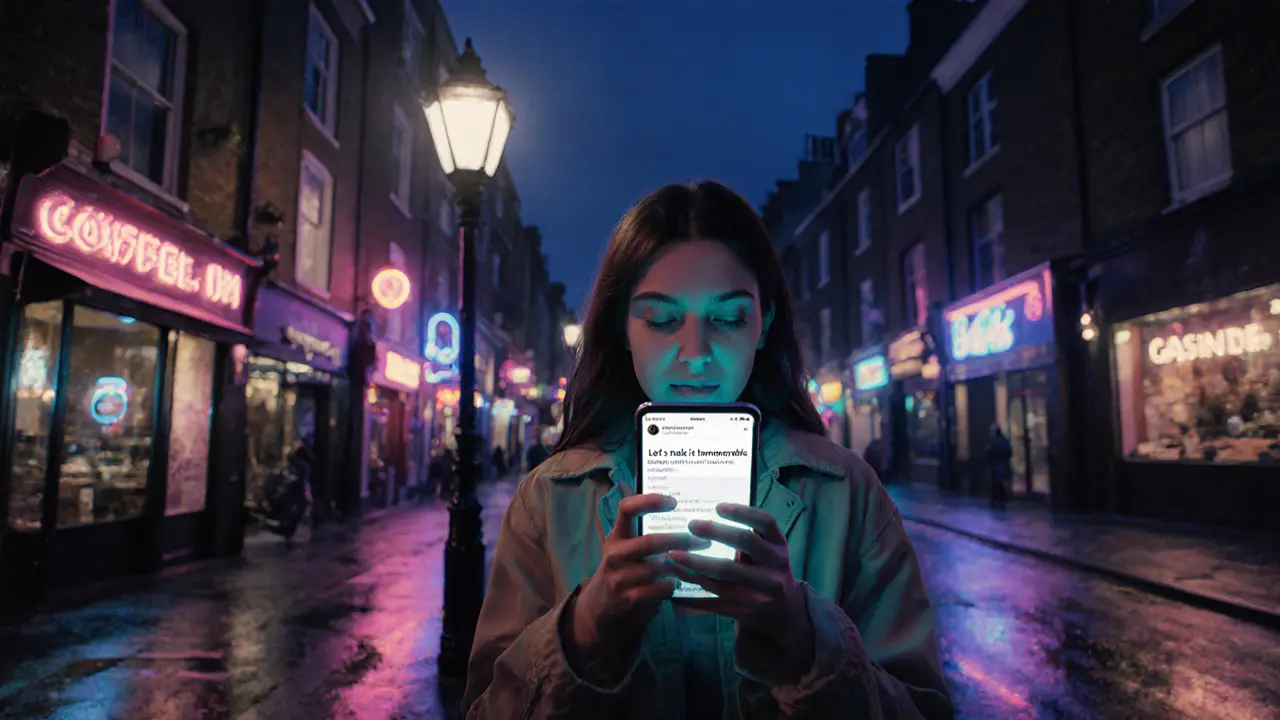 A modern escort receives a private message under a London streetlamp, digital life blending with the night.