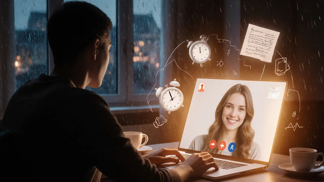 A person on a video call with a virtual escort, surrounded by symbols of emotional connection in a quiet London room.