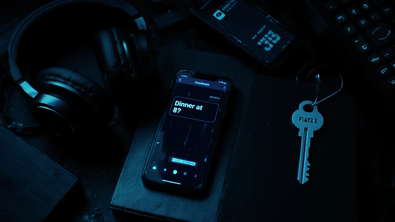 A phone screen showing coded message on a burner phone, surrounded by anonymous workspace items.