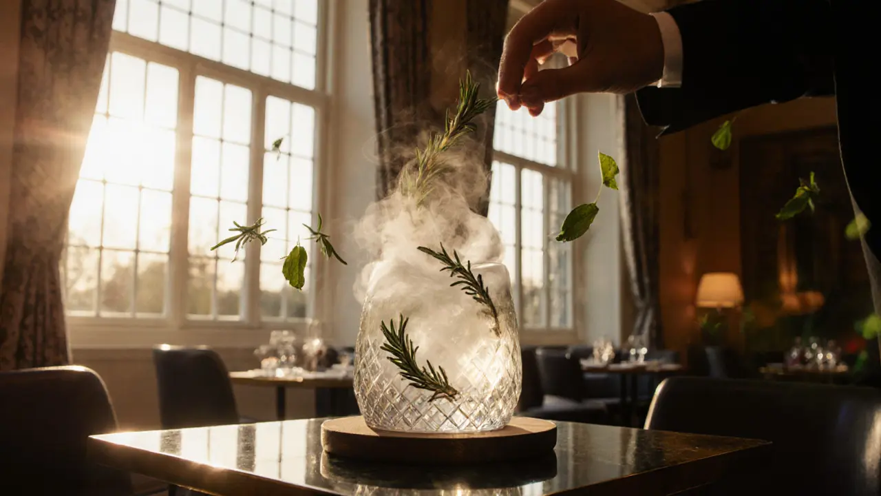 A rosemary-smoked cocktail dome is lifted in a luxury hotel lounge at dusk.