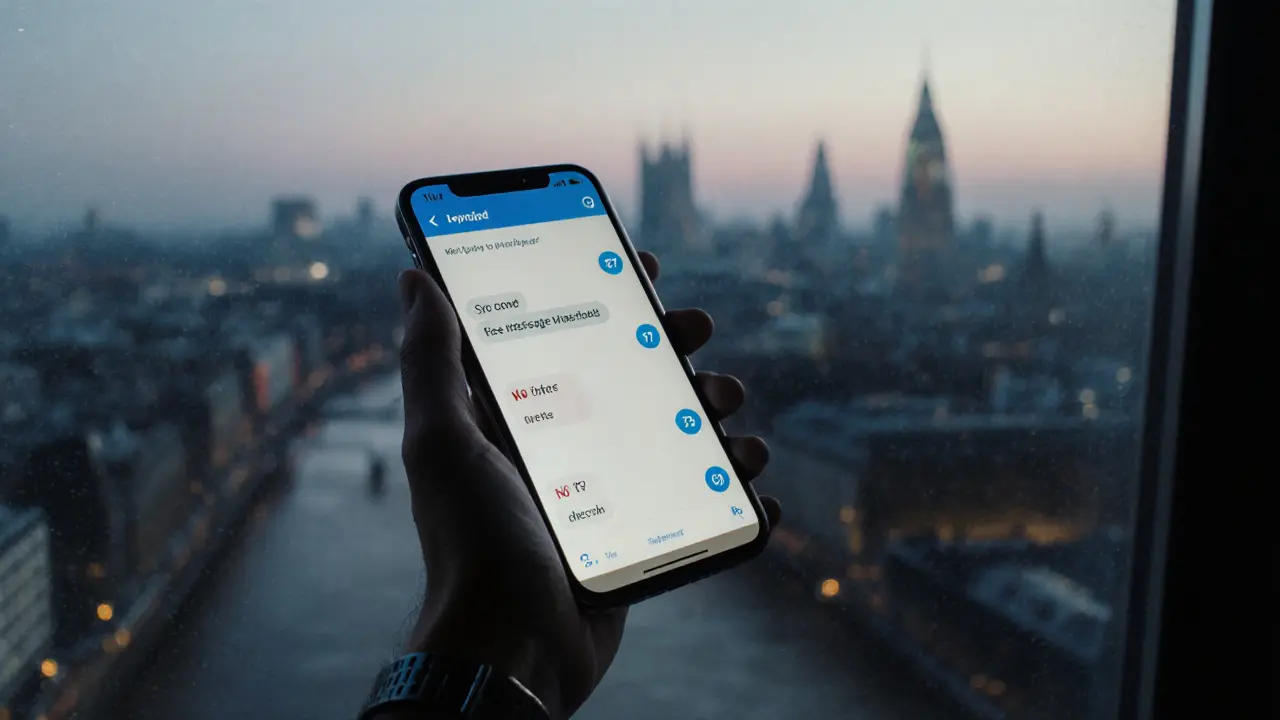 A smartphone showing encrypted messages with coded labels, no names or faces, against a blurred London night view.