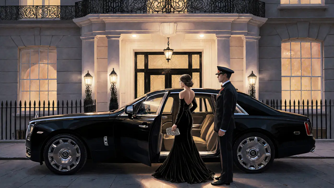 A sophisticated VIP escort exiting a luxury car outside an upscale Mayfair townhouse at night.