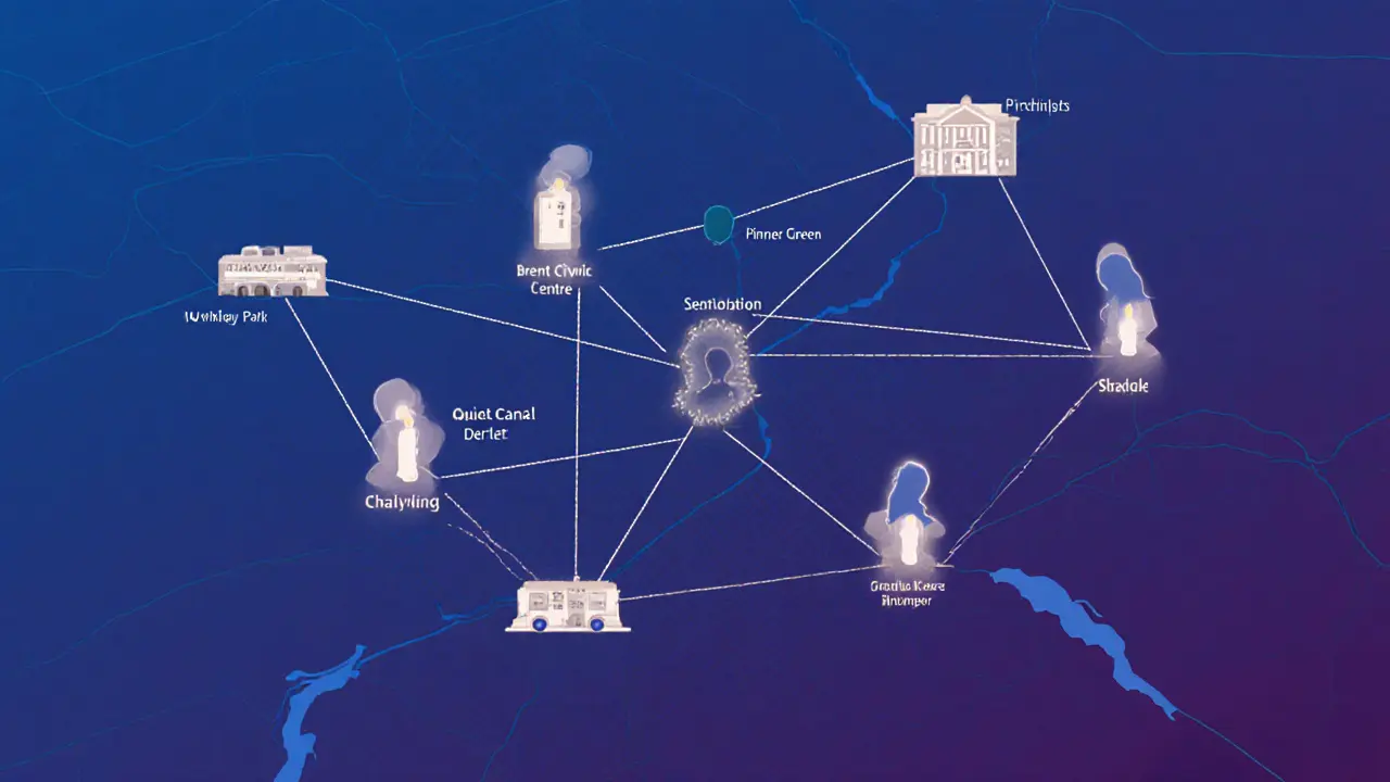 A stylized map of Northwest London shows glowing connections between quiet places where people find human connection.