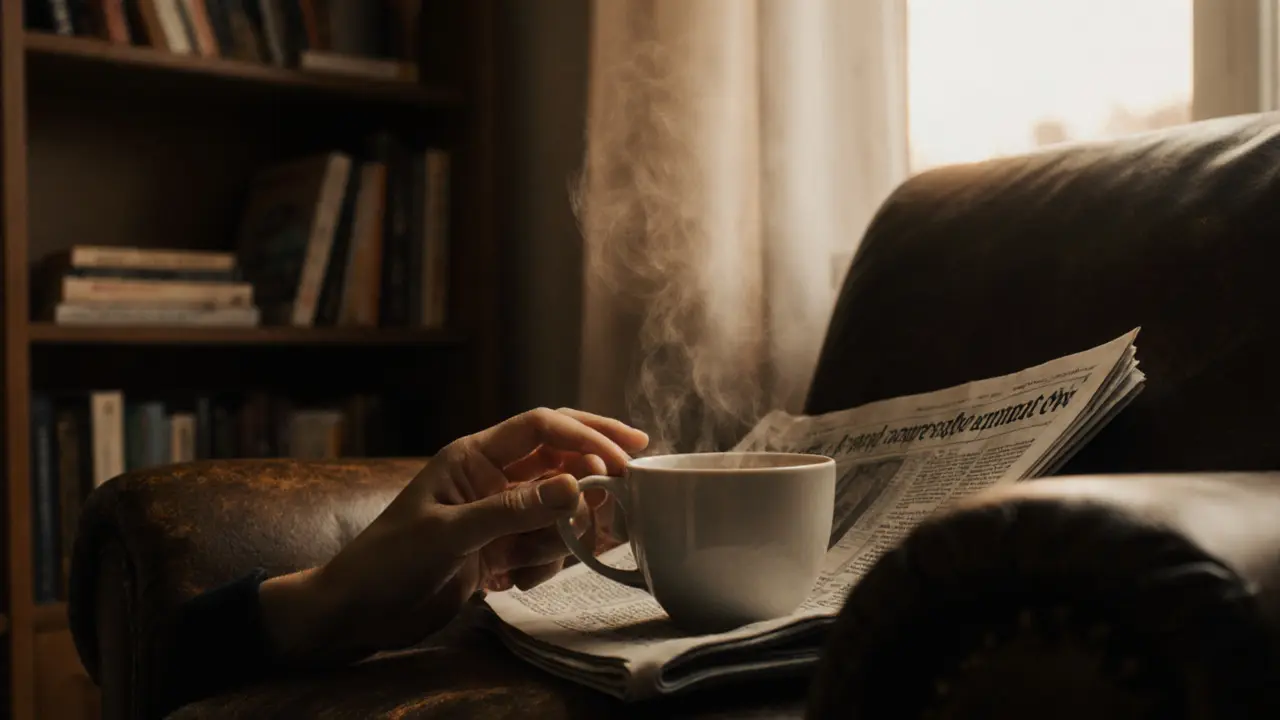 A teacup and folded newspaper rest on a worn armchair, conveying stillness and calm presence.