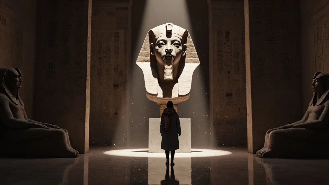 A visitor stands in awe before the massive bust of Ramesses II in the Egyptian Sculpture Gallery.