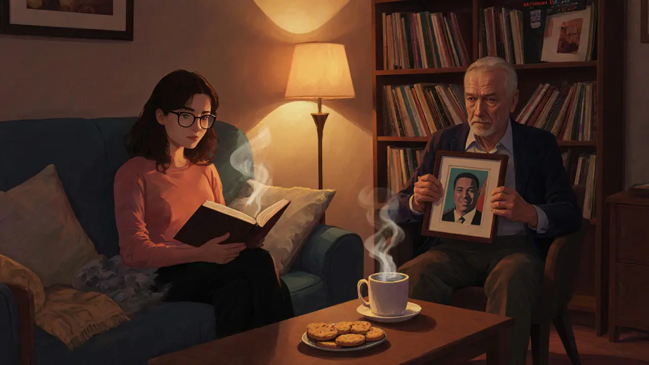 A woman reads a book beside an older man in a cozy Hatch End apartment, with biscuits and a mug on the table.