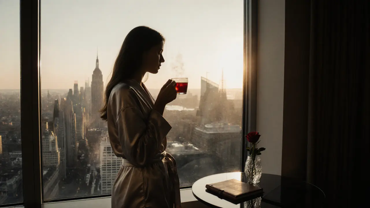 A woman standing by a window in a Belgravia penthouse at dawn, holding tea as London wakes below.