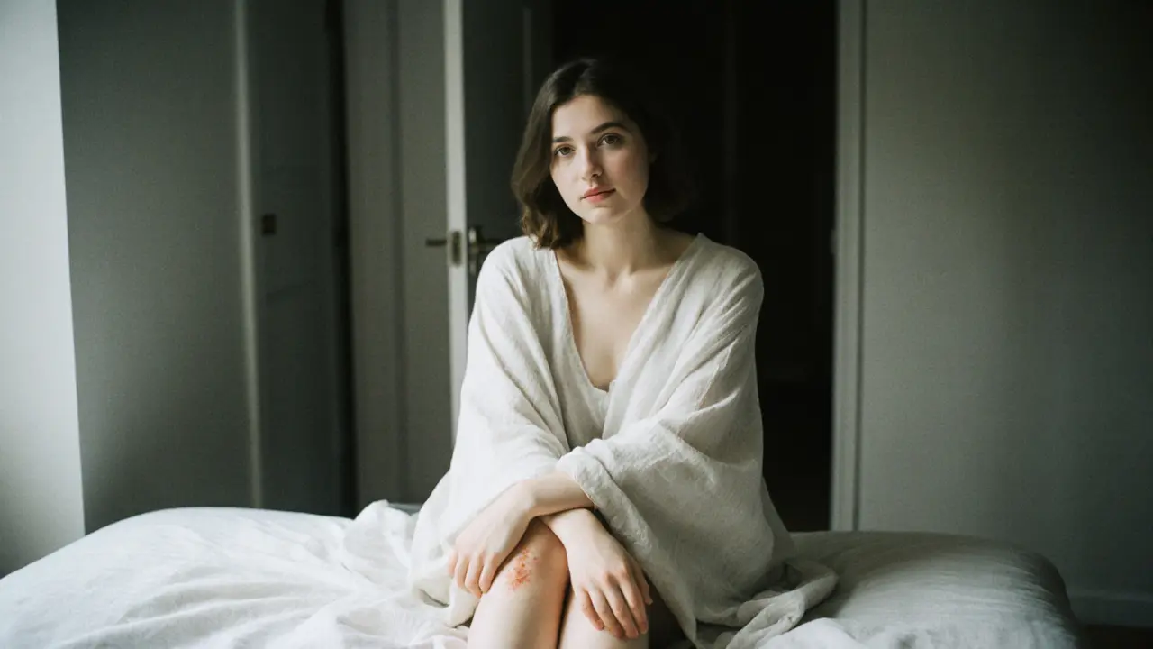 A woman wrapped in a linen sheet, sitting quietly on a bed, gazing softly — captured in natural light with visible film grain.
