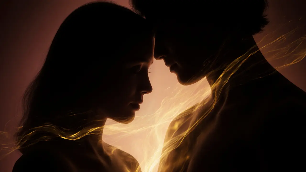 Abstract golden light connecting two silhouettes, symbolizing emotional intimacy without physical detail.