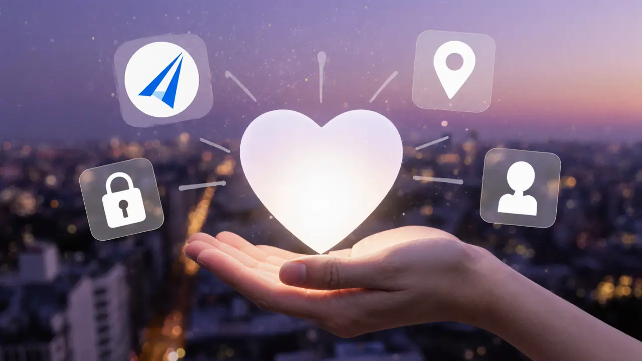 An abstract representation of human connection intertwined with digital safety tools and AI in a twilight cityscape.