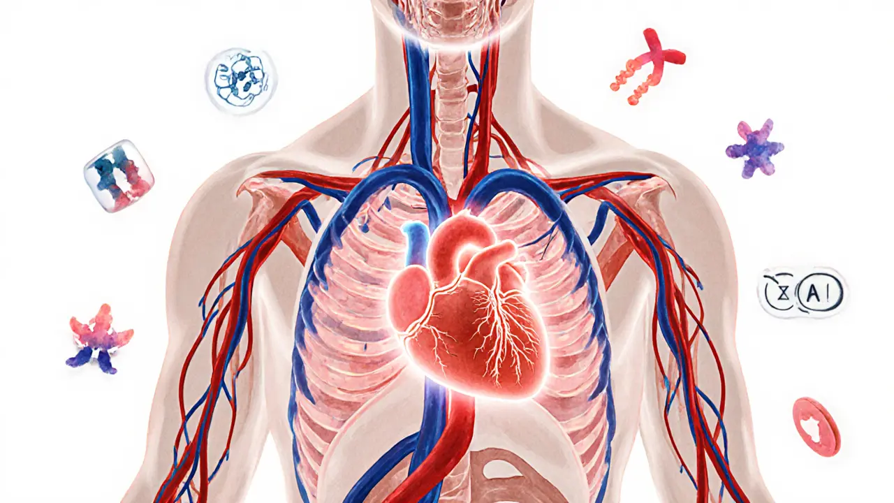 An artistic anatomical illustration showing blood flow and immune benefits of sex.