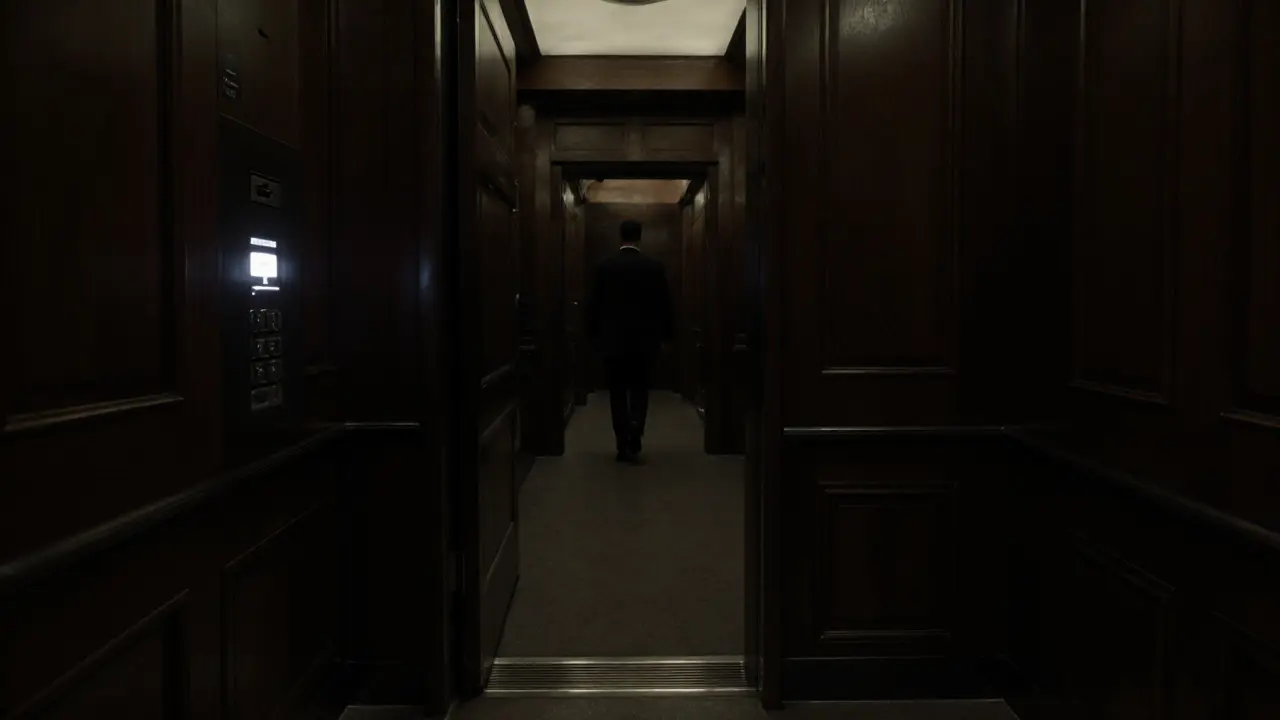 An empty hotel elevator at midnight with no security cameras visible in the corridor.