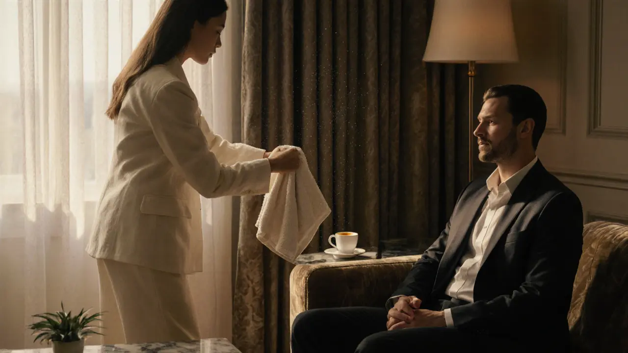 An intimate moment in a luxury hotel suite with a woman offering a warm towel to a client.