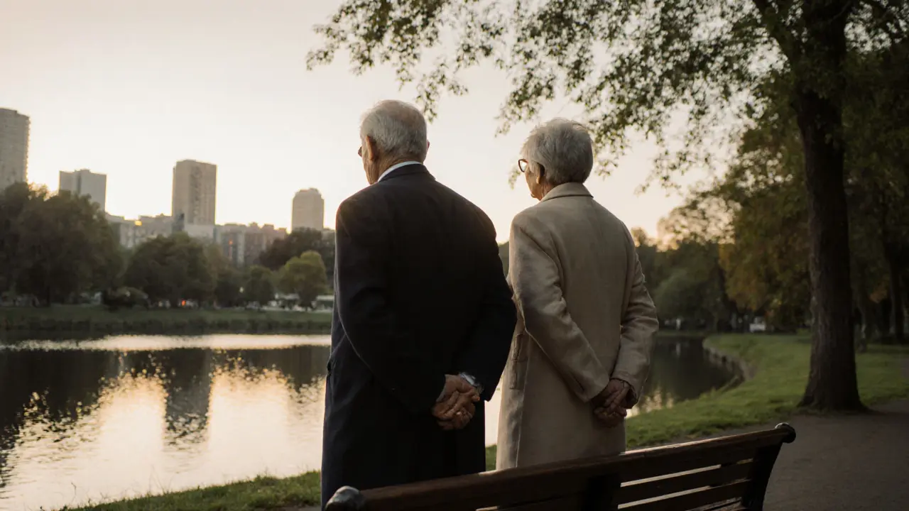An older couple walking peacefully in a London park at dawn, sharing silent companionship under soft morning light.