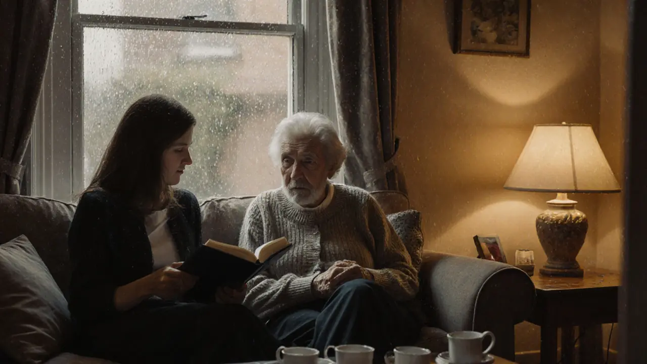 An older woman and younger companion sitting together in a cozy living room, reading by lamplight.