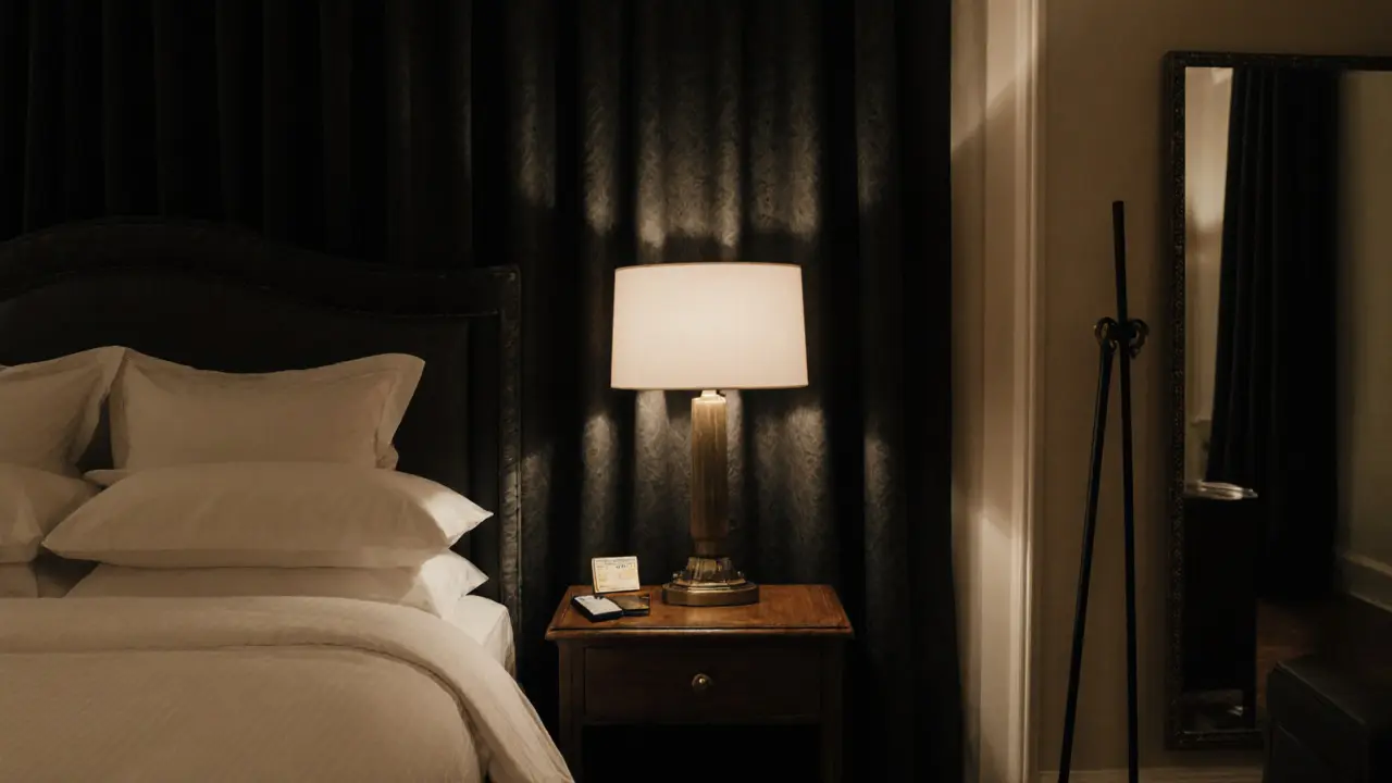 An upscale hotel room with blackout curtains and a keycard on the nightstand, no visible electronics.