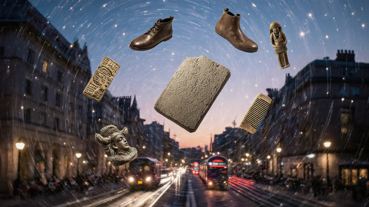 Ancient artifacts float in a cosmic spiral, connected to the modern London skyline.