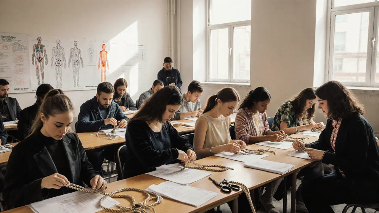 Attendees practicing rope tying at a London festival workshop, with safety manuals and scissors visible under natural light.