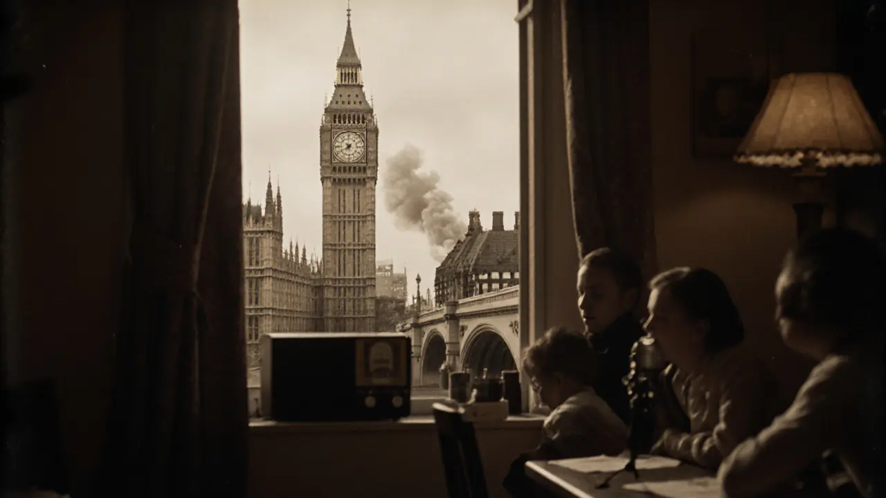 Big Ben chiming during WWII, smoke in the distance, a family listening to a radio broadcast of the bell.