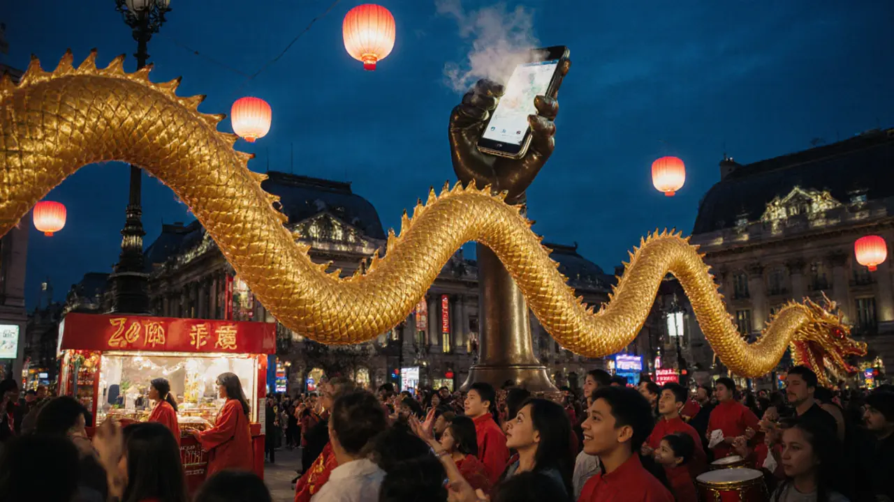Chinese New Year dragon parade in Trafalgar Square with drummers, lanterns, and a bronze hand sculpture on the Fourth Plinth.