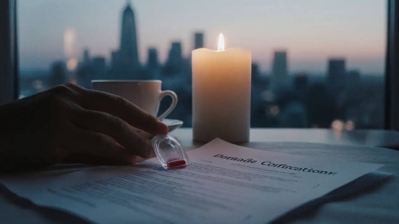 Condom and confirmation email on bedside table with tea and candle, symbolizing safety and consent.