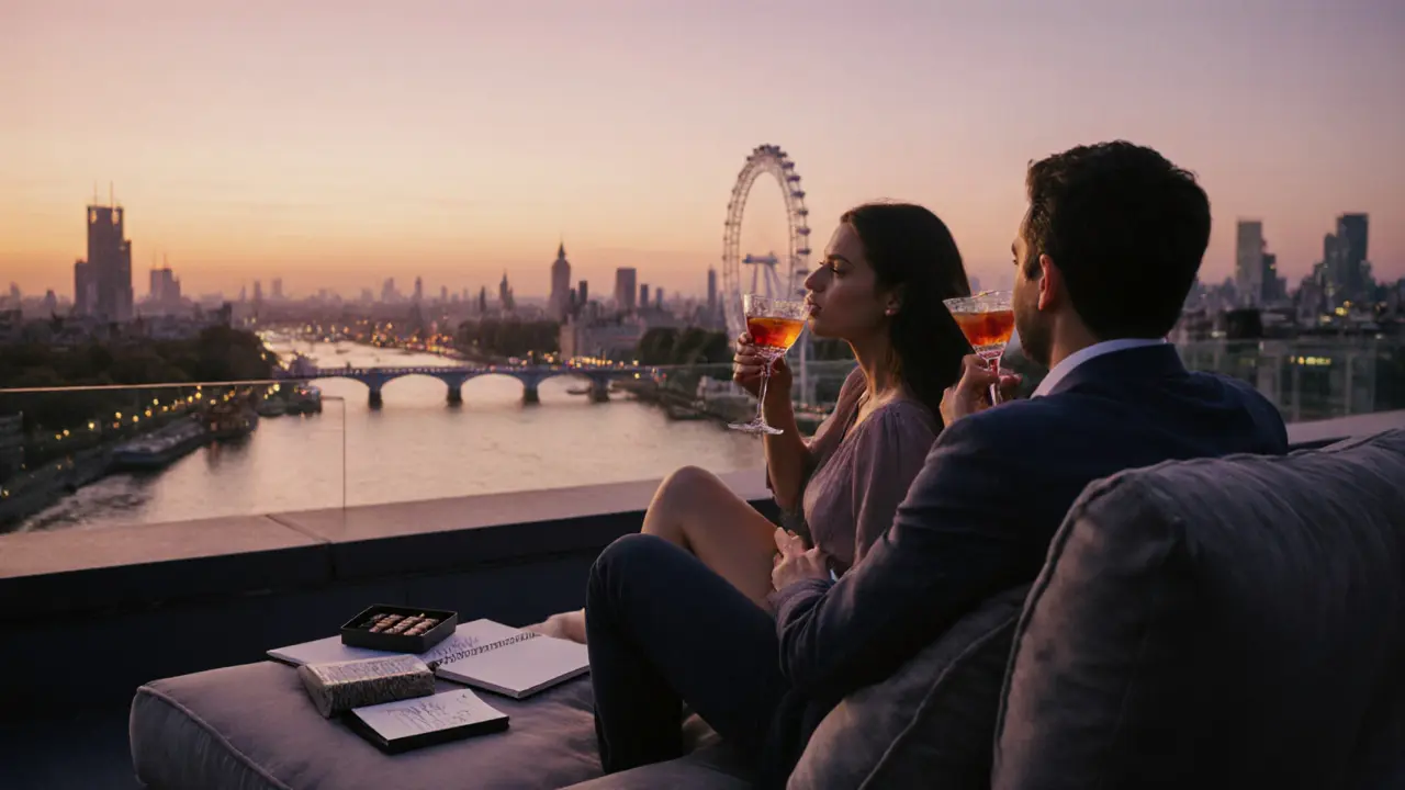 Couple on a London rooftop terrace at sunset, enjoying cocktails with a handwritten note nearby.