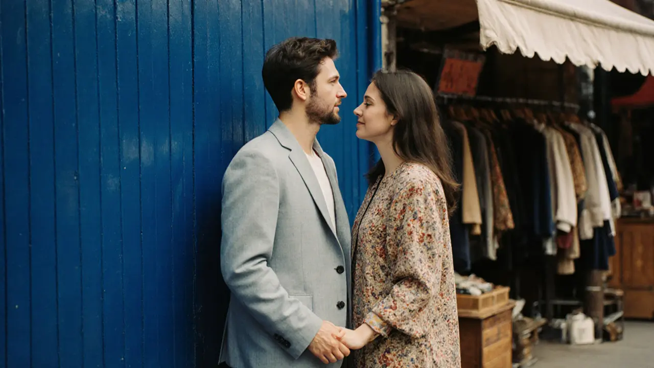 Couple standing beside a deep blue wall on Portobello Road, holding hands naturally.