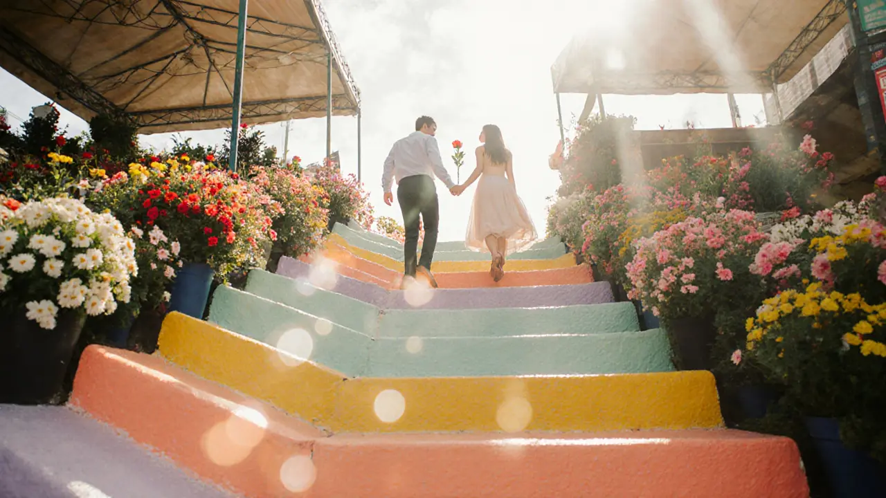 Couple walking up colorful rainbow steps surrounded by blurred flower market blooms.