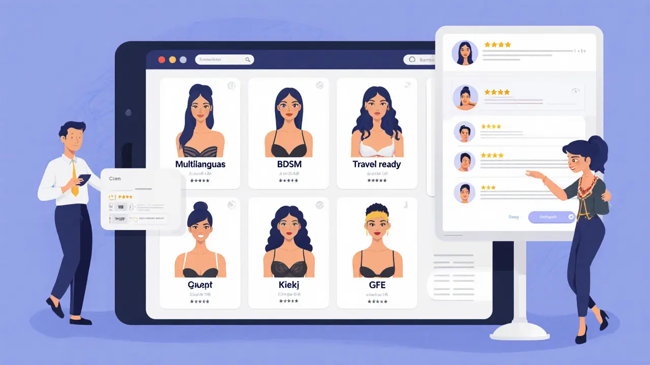 Digital tablet showing curated escort profiles filtered by service type, with a coordinator monitoring feedback.