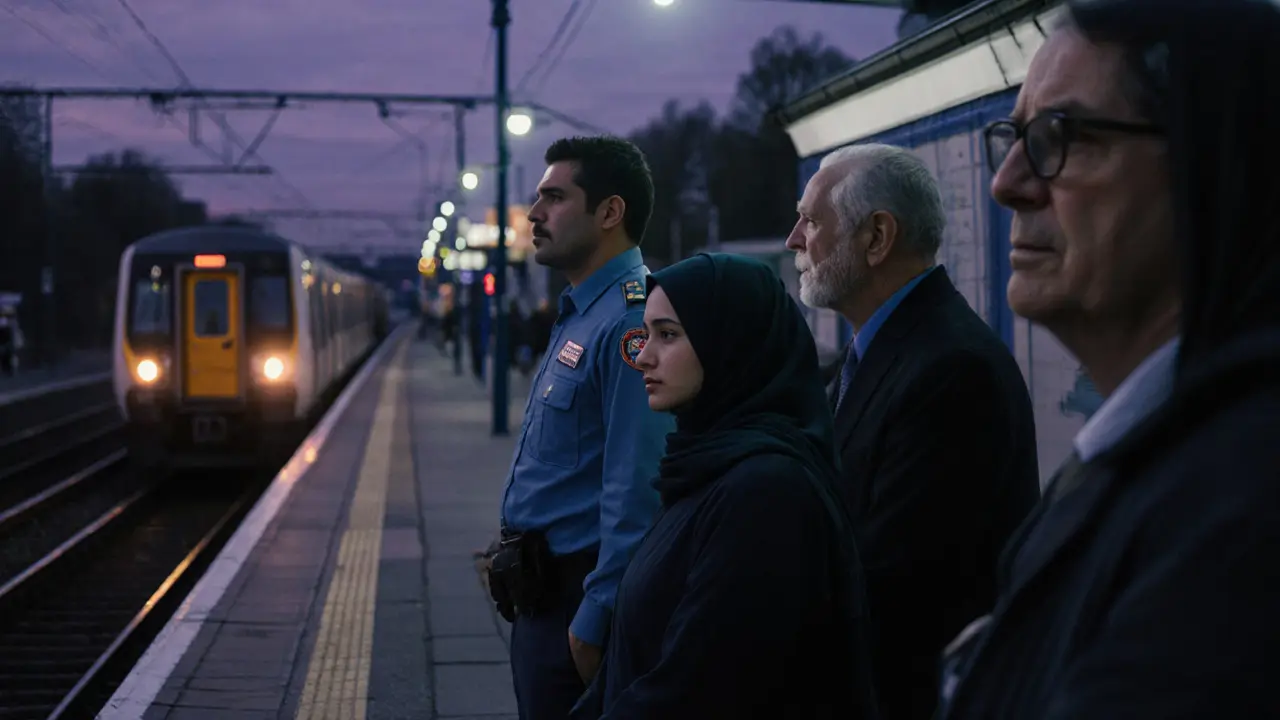 Diverse commuters wait at Feltham Station at dusk, under fading sky and warm station lights, train approaching in the distance.