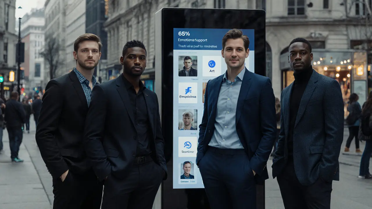 Diverse male companions standing before a digital kiosk displaying companionship profiles in London.