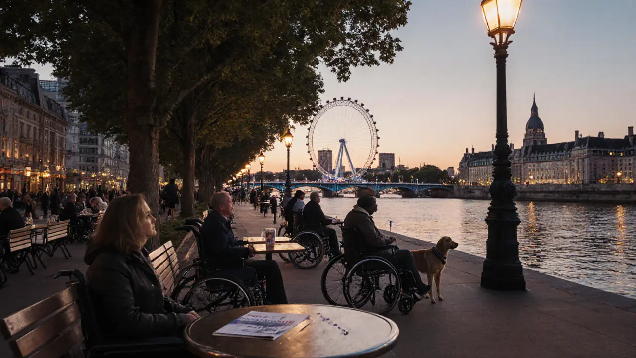 Diverse visitors relaxing on South Bank promenade with London Eye visible, benches and trees nearby.