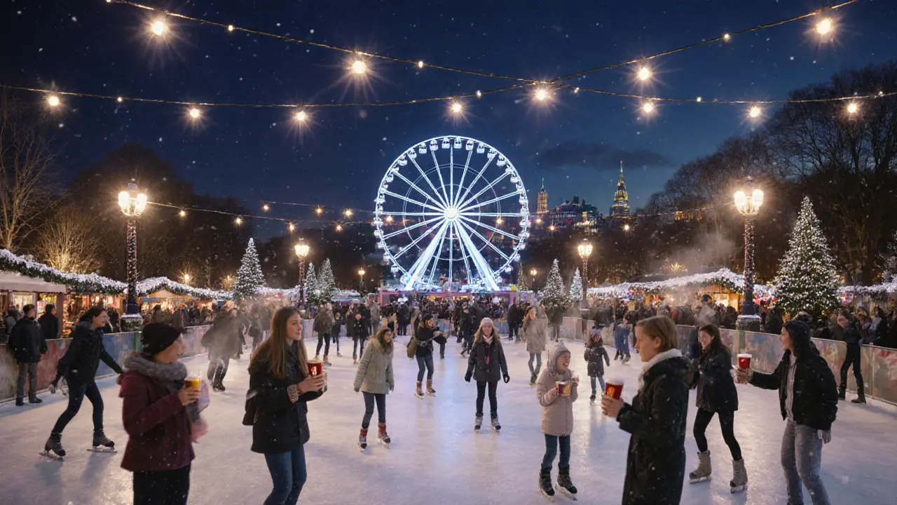 Festive Winter Wonderland scene with ice skaters, Ferris wheel, and twinkling lights at twilight in Hyde Park.