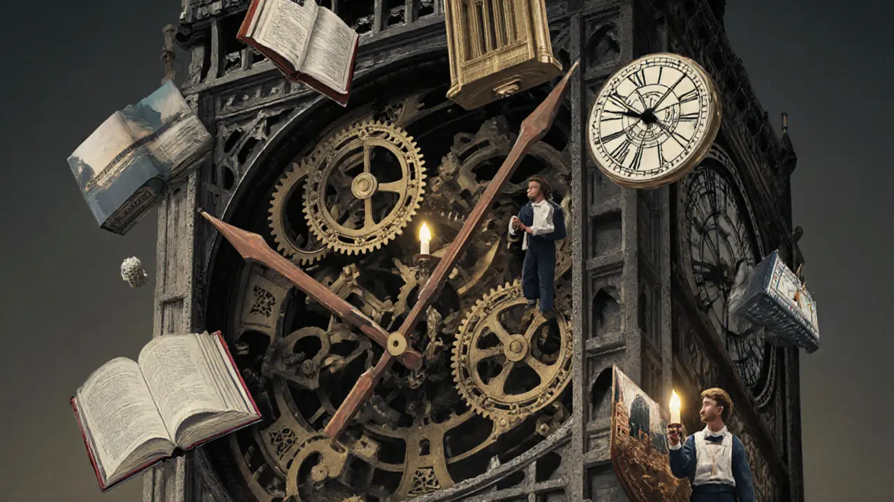 Inside Big Ben’s Victorian clock mechanism, with keepers polishing brass gears and global clock replicas floating nearby.