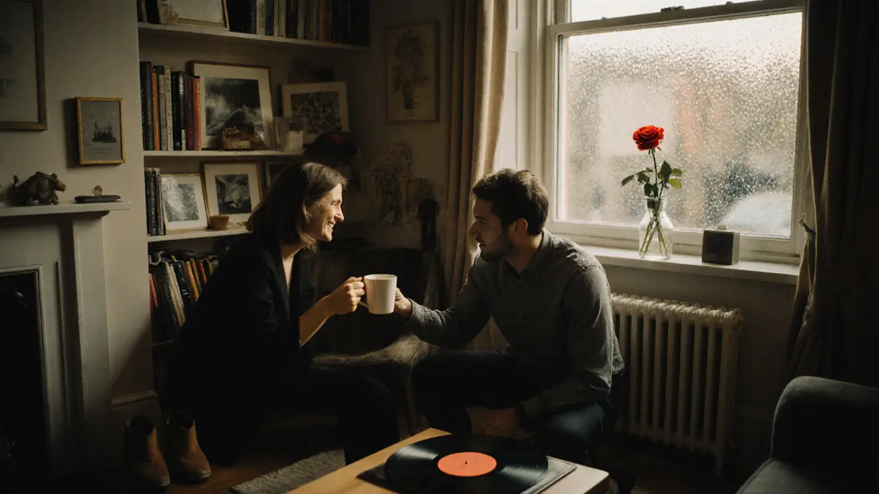 Intimate moment in a Notting Hill Airbnb with tea, books, and a single rose on the windowsill.