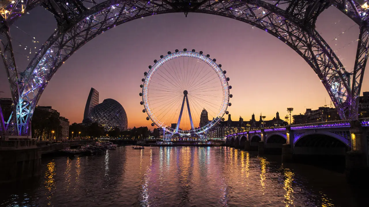 London Eye framed by Millennium Bridge and Tate Modern at dusk with reflected lights