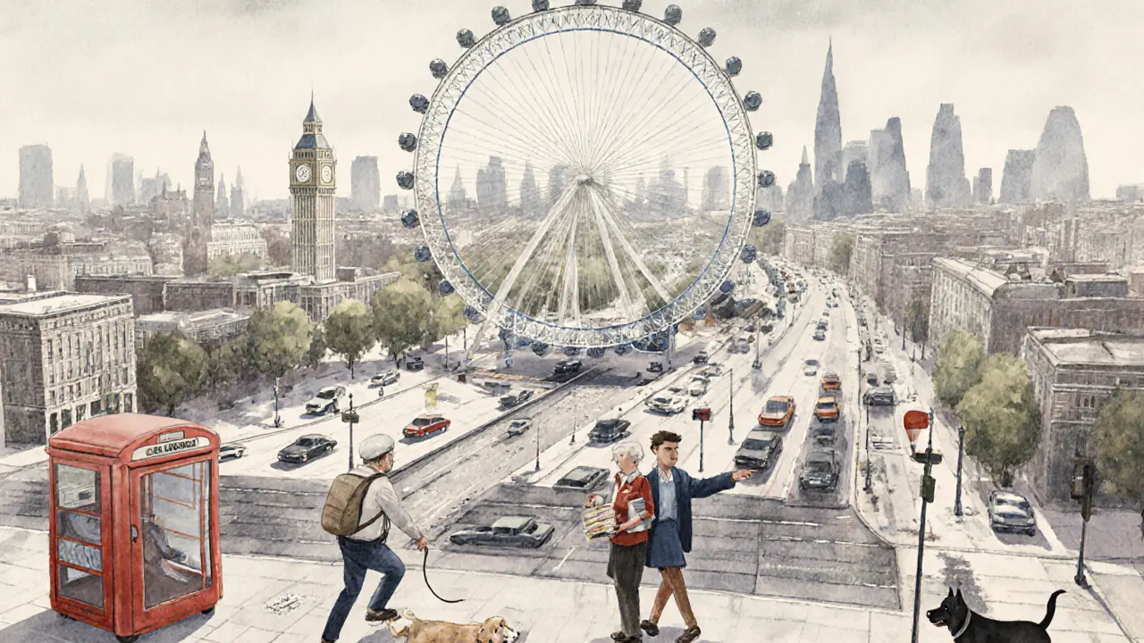 Overhead view of London life seen from the London Eye—everyday people and landmarks blended in soft watercolor.
