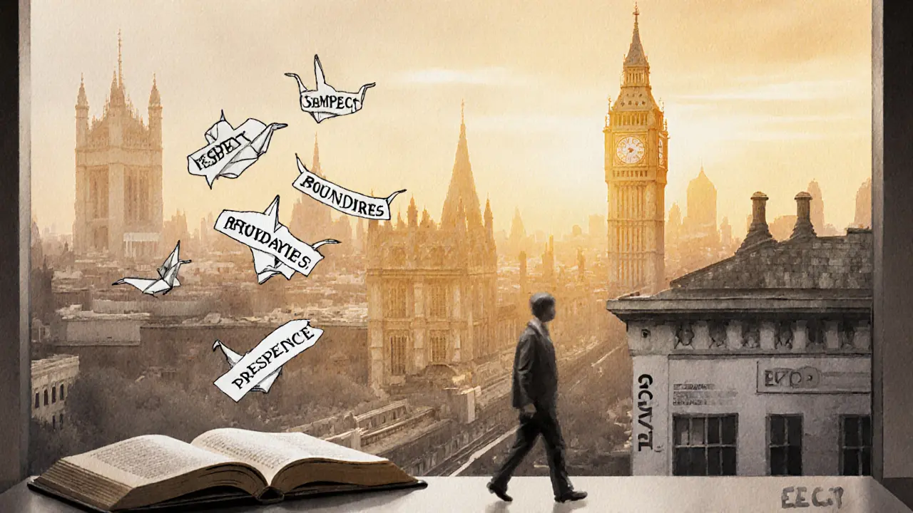 Paper cranes with words like 'Respect' and 'Privacy' floating above a book in a London window.