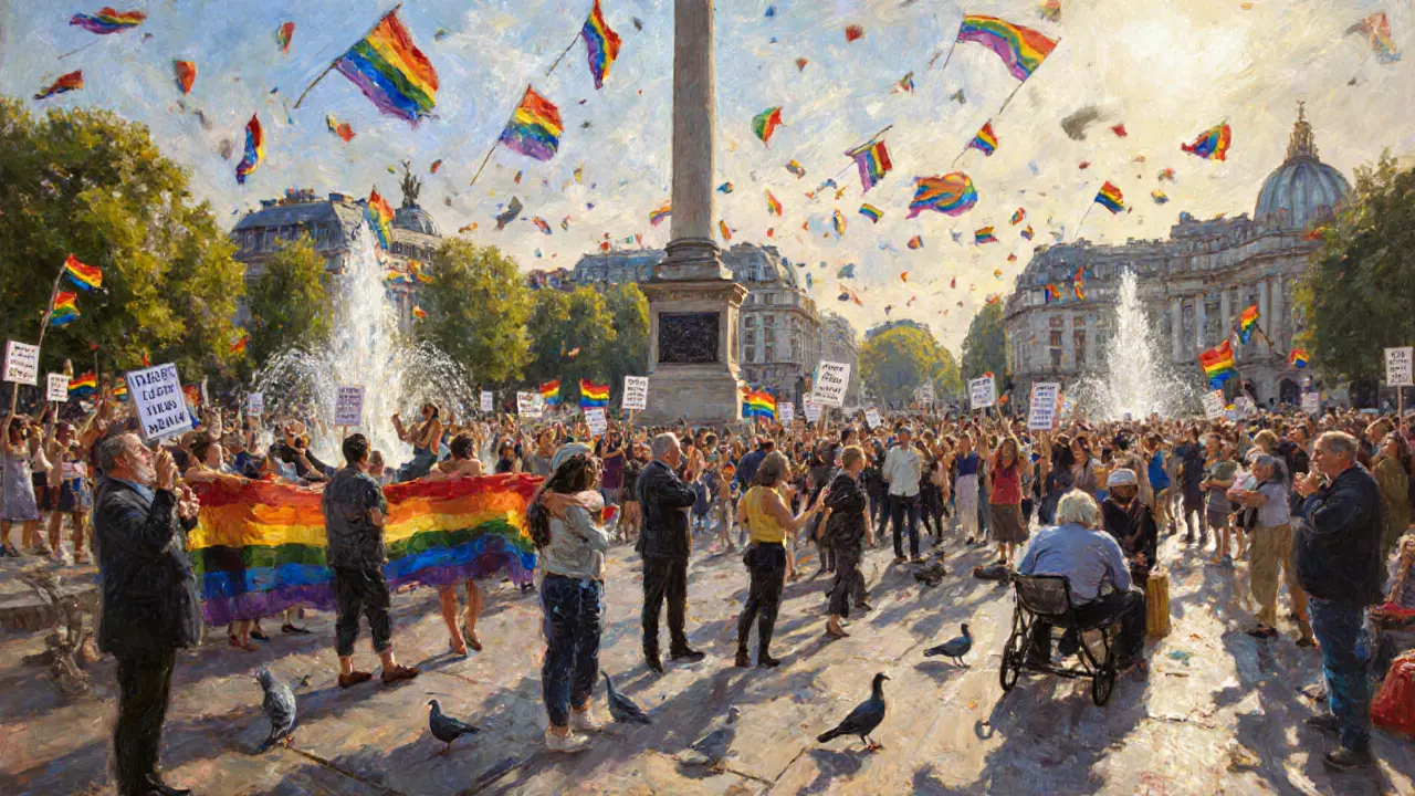 Pride celebration in Trafalgar Square with rainbow flags, dancing crowds, and Nelson’s Column in the background.