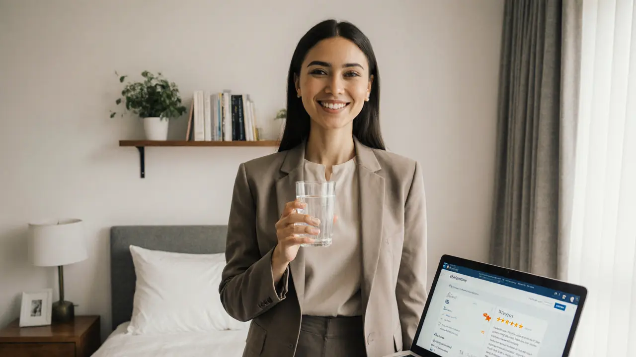 Professional escort in a tasteful hotel room, exuding warmth and trust through calm demeanor.