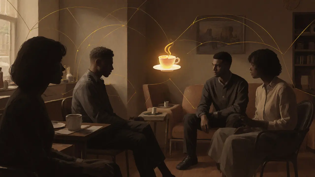 Silhouettes of diverse individuals in quiet Harrow settings connected by glowing teacups symbolizing human connection.