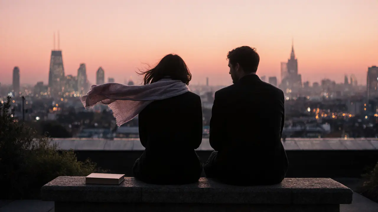 Silhouettes on a rooftop at sunset, overlooking the North London skyline in peaceful stillness.