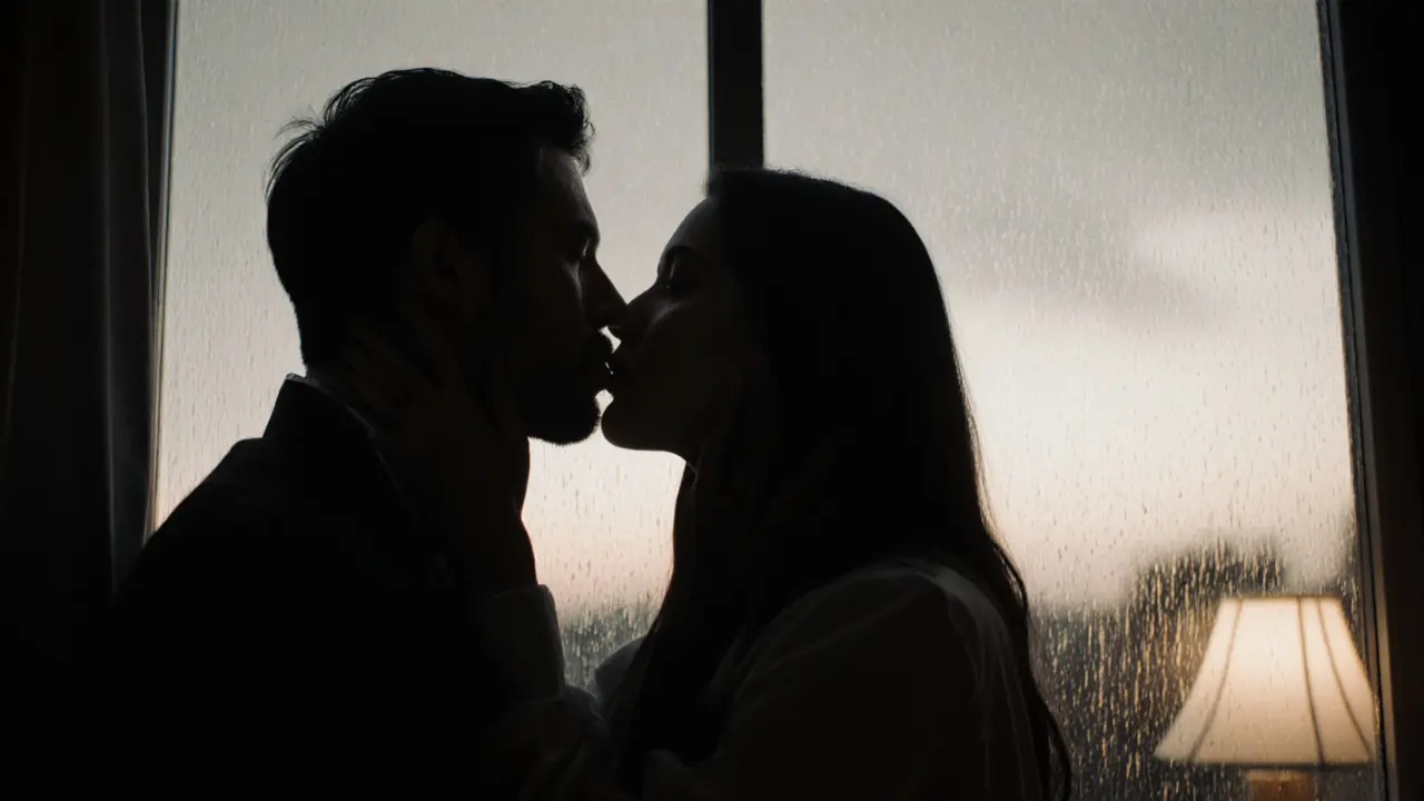 Silhouettes resting foreheads together after a kiss, rain on a window at twilight.