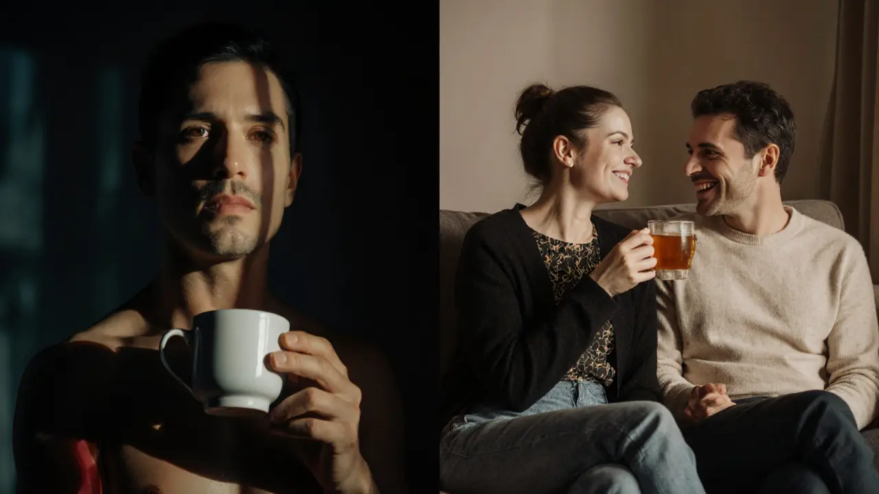 Split image: artificial porn scene vs. real couple talking openly on a couch.