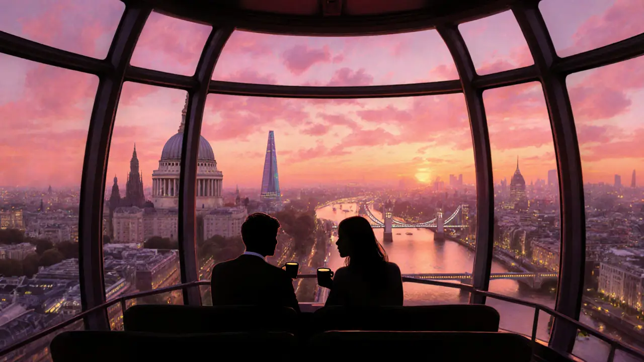 Sunset view from inside the London Eye capsule as city lights turn on, silhouettes of a couple sipping coffee.