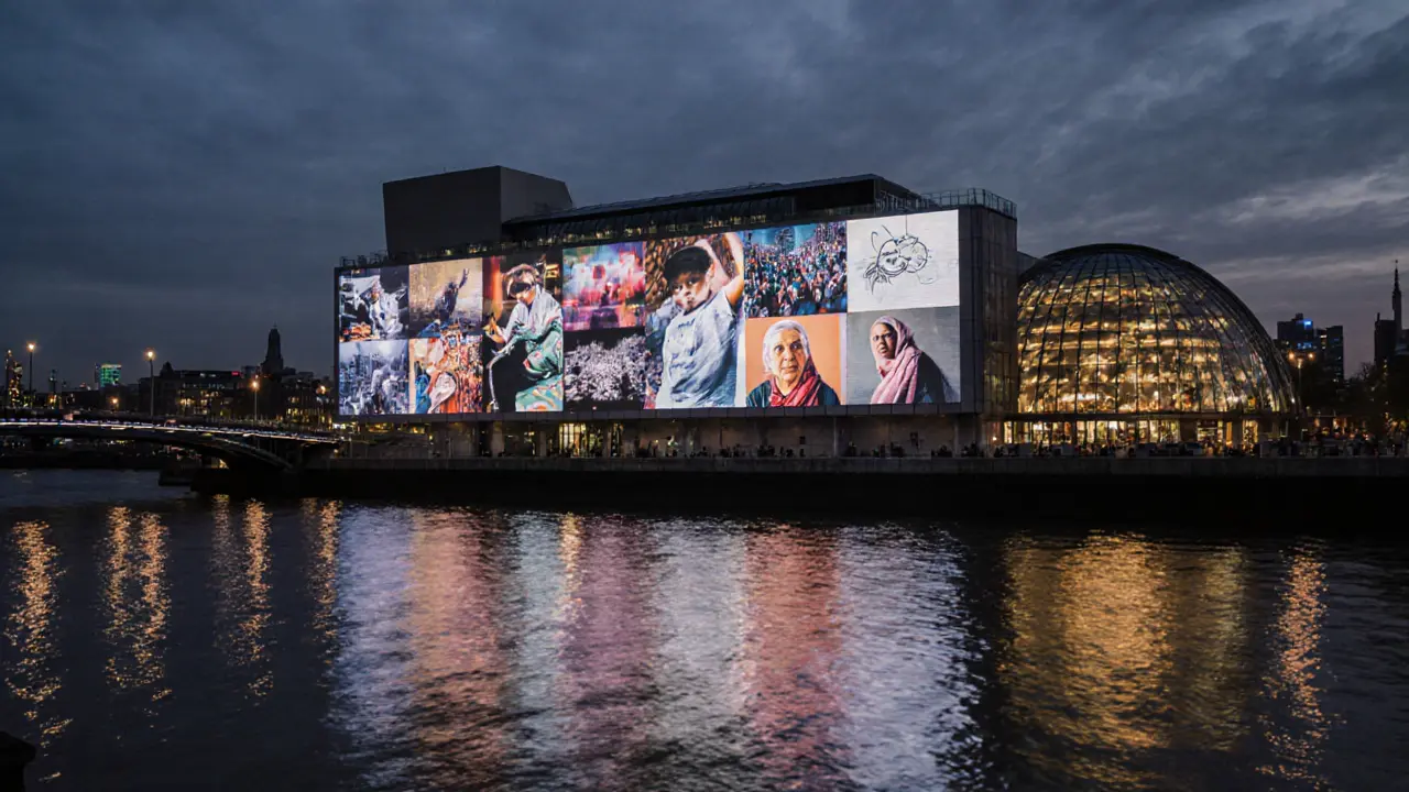 Tate Modern exterior digital mural showing community stories from Brixton, East End, and Bengali lullaby.
